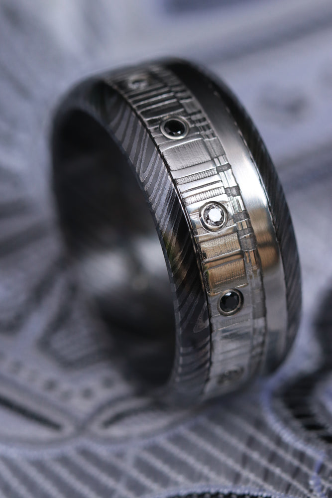 Black diamonds and black ring zrti & damasteel ring 9mm wide customizable niobium zirconium