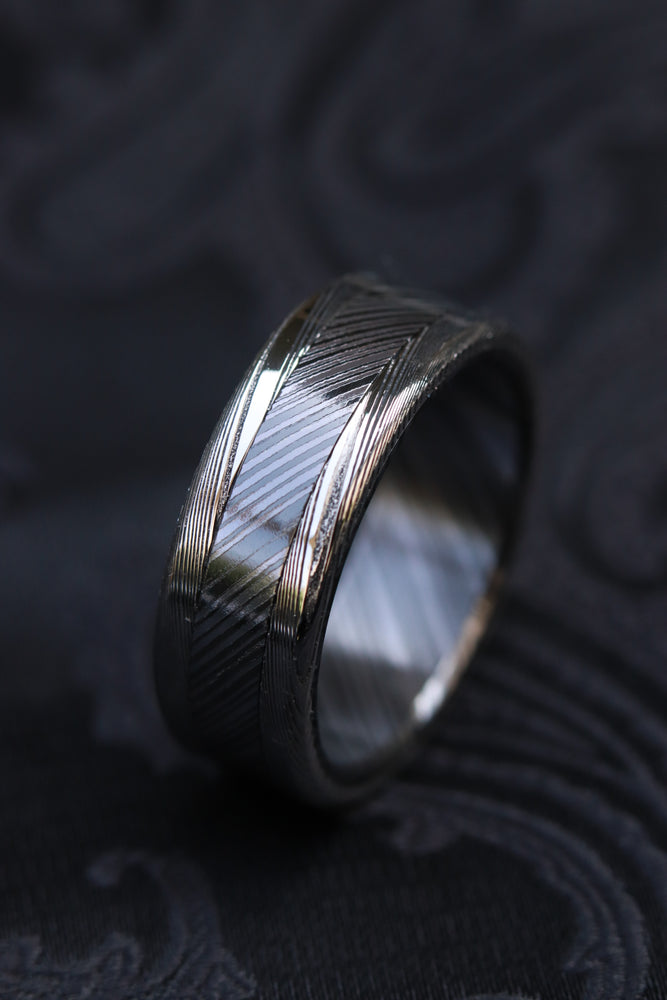 7mm wide black zrti /NbZr& damasteel band, niobium zirconium damascus, men's wedding band