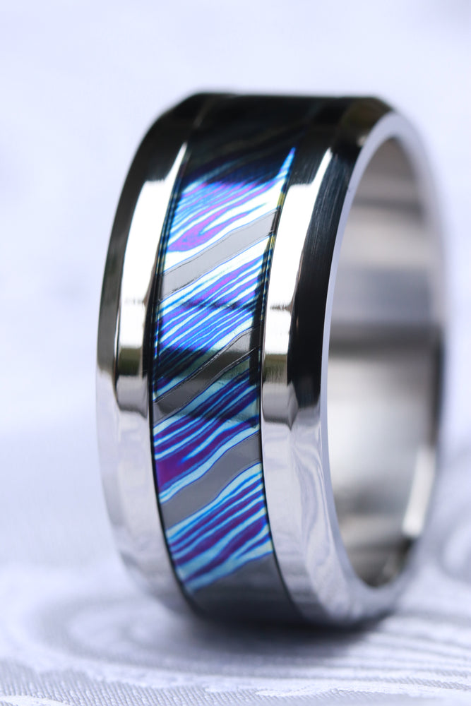 Grayson Blue" Limited Edition Series-10.5mm titanium damascus Timascus /  black timascus ring, mokuti ring