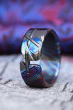 Weathered zirconium timascus damascus ring, cross zrti ring