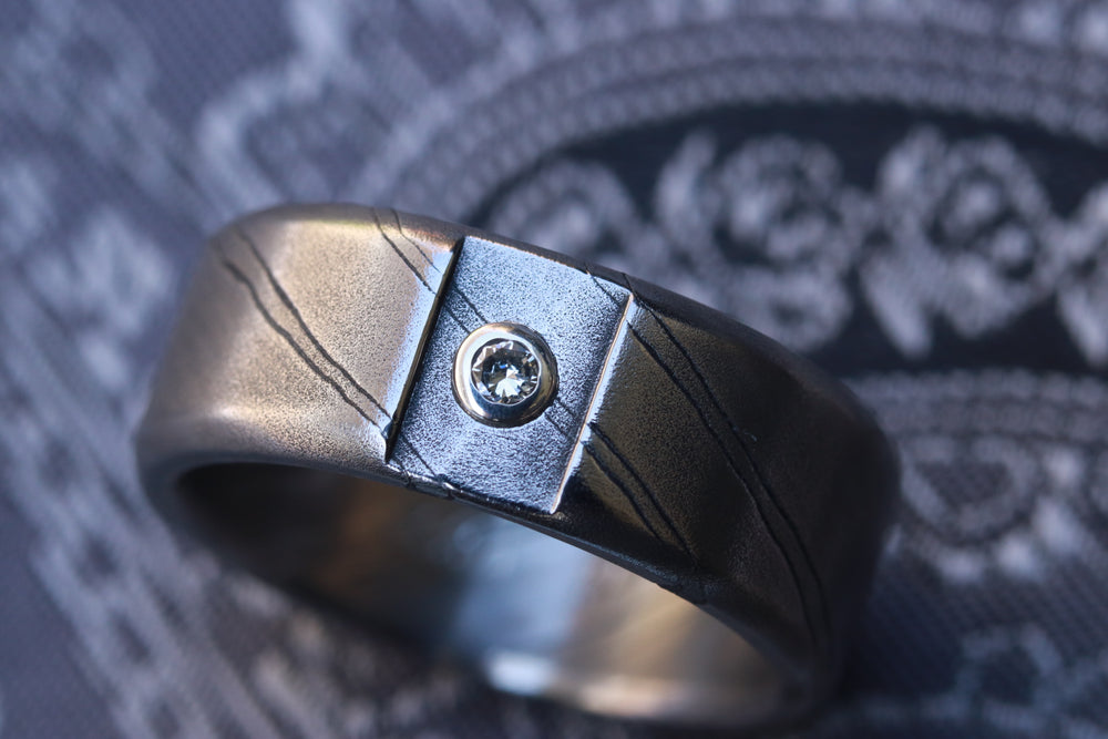Timascus acid wash grey ring 8mm wide /  diamond 14k gold customizable