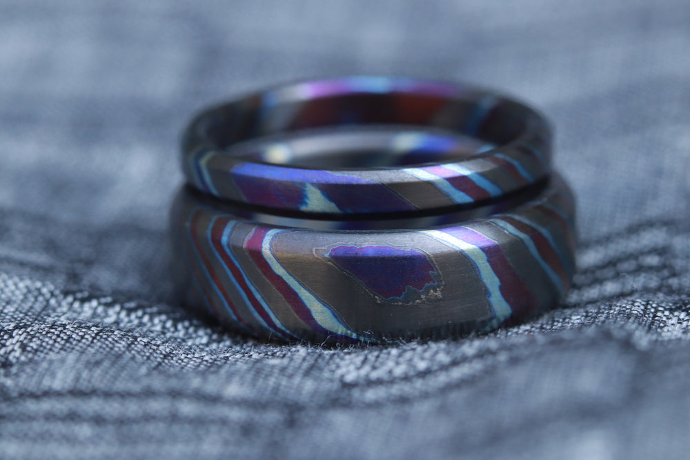 Timascus zrti set 2 rings 3mm-9mm wide timascus ring, mokuti ring  black timascus ring