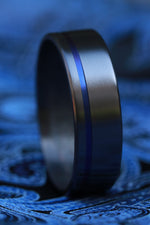 Satin Zirconium ring with groove black rings for men, blue groove black wedding band