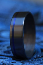 Satin Zirconium ring with groove black rings for men, blue groove black wedding band