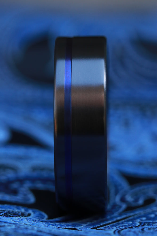 Satin Zirconium ring with groove black rings for men, blue groove black wedding band
