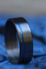 Satin Zirconium ring with groove black rings for men blue groove black ring