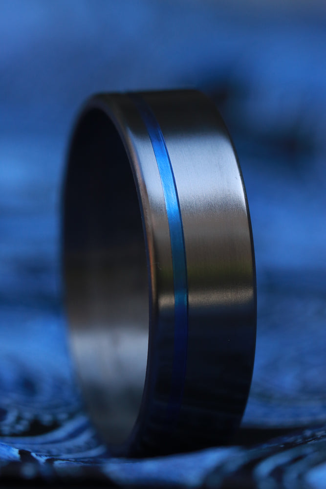 Satin Zirconium ring with groove black rings for men blue groove black ring