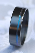 Satin Zirconium ring with groove black rings for men, chameleon groove black wedding band