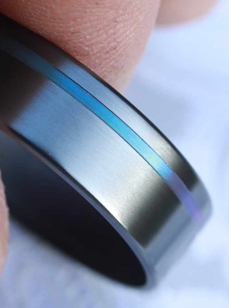 Satin Zirconium ring with groove black rings for men, chameleon groove black wedding band