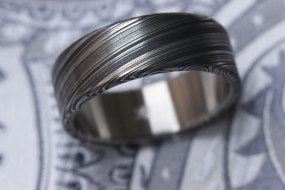 8mm Damascus steel ring Stainless Damasteel "s/b dark leaf" Customizable ring! Darker color etch. Damascus steel ring mens rings wedding band