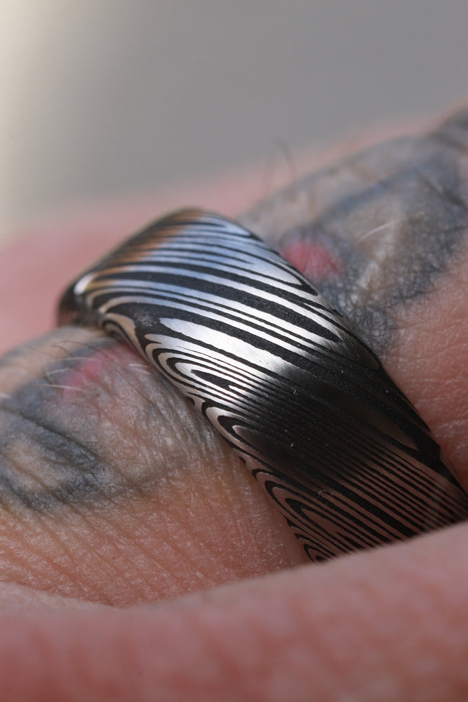 New* Damascus steel ring Stainless steel damasteel customizable ring! Darker color etch. Damascus steel ring genuine damascus ring