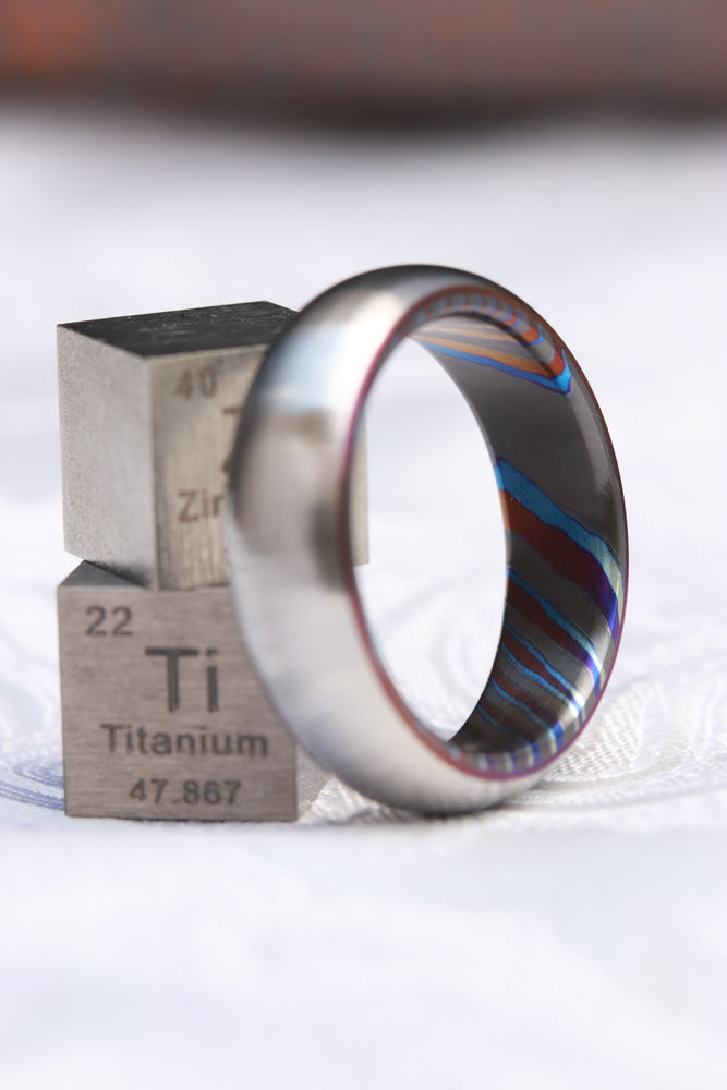 6mm domed titanium ring zirconium titanium damascus / ZrTi brushed titanium timascus ring, black timascus ring, men's rings wedding rings,