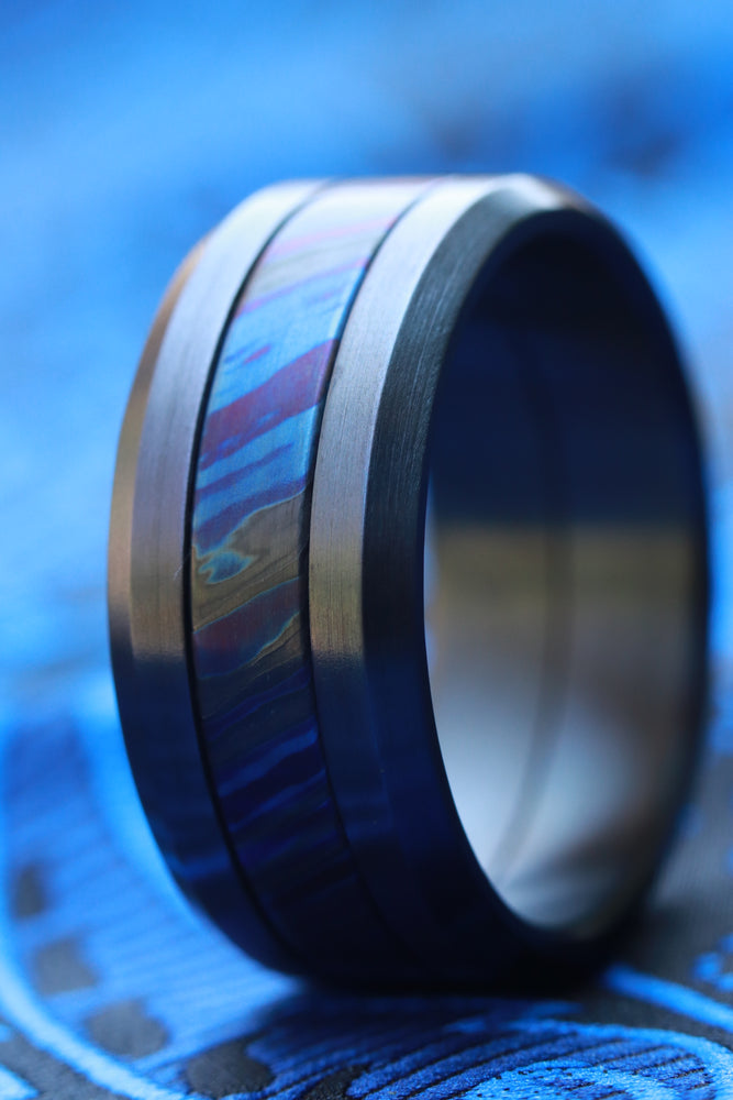 Grayson BLK / BLU  Limited Edition Series-10.75mm titanium damascus Timascus / Mokuti timascus & black titanium ring, black timascus ring, mokuti ring