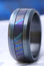 Grayson BLK / BLU  Limited Edition Series-10.75mm titanium damascus Timascus / Mokuti timascus & black titanium ring, black timascus ring, mokuti ring