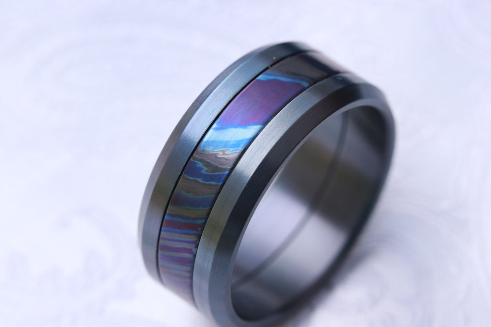 Grayson BLK / BLU  Limited Edition Series-10.75mm titanium damascus Timascus / Mokuti timascus & black titanium ring, black timascus ring, mokuti ring