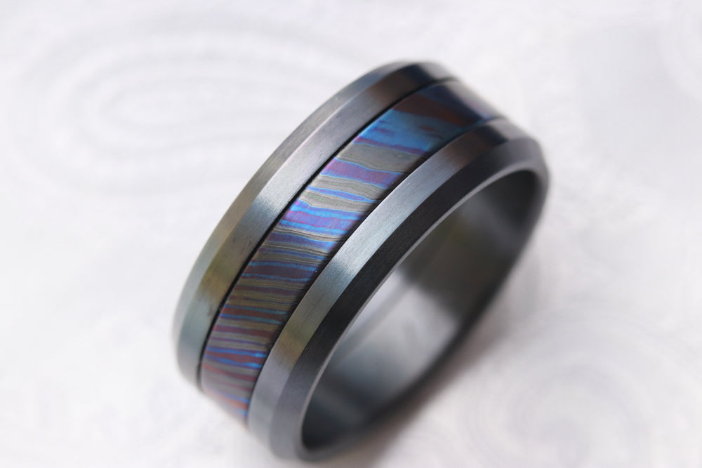 Grayson BLK / BLU  Limited Edition Series-10.75mm titanium damascus Timascus / Mokuti timascus & black titanium ring, black timascus ring, mokuti ring