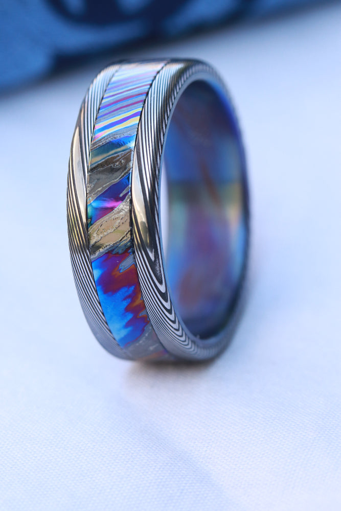 Damascus steel ring 8mm Black Timascus Mokuti & Stainless black timascus ring, mokuti ring, wedding ring