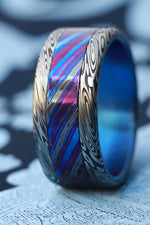 10mm Black Timascus / Mokuti & Stainless Damascus (damasteel) zirconium titanium, damascus black timascus ring, mokuti ring