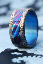 10mm Black Timascus / Mokuti & Stainless Damascus (damasteel) zirconium titanium, damascus black timascus ring, mokuti ring