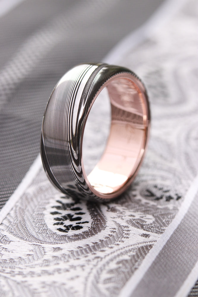 Gold & Stainless Damascus  14k 18k customizable stainless damascus steel ring gold ring