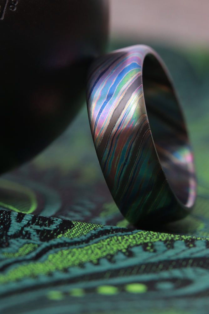 Black Timascus ring / ZrTi 8mm wide florescent timascus ring, mokuti ring (satin finish) black timascus ring zirconium ring mens rings edc