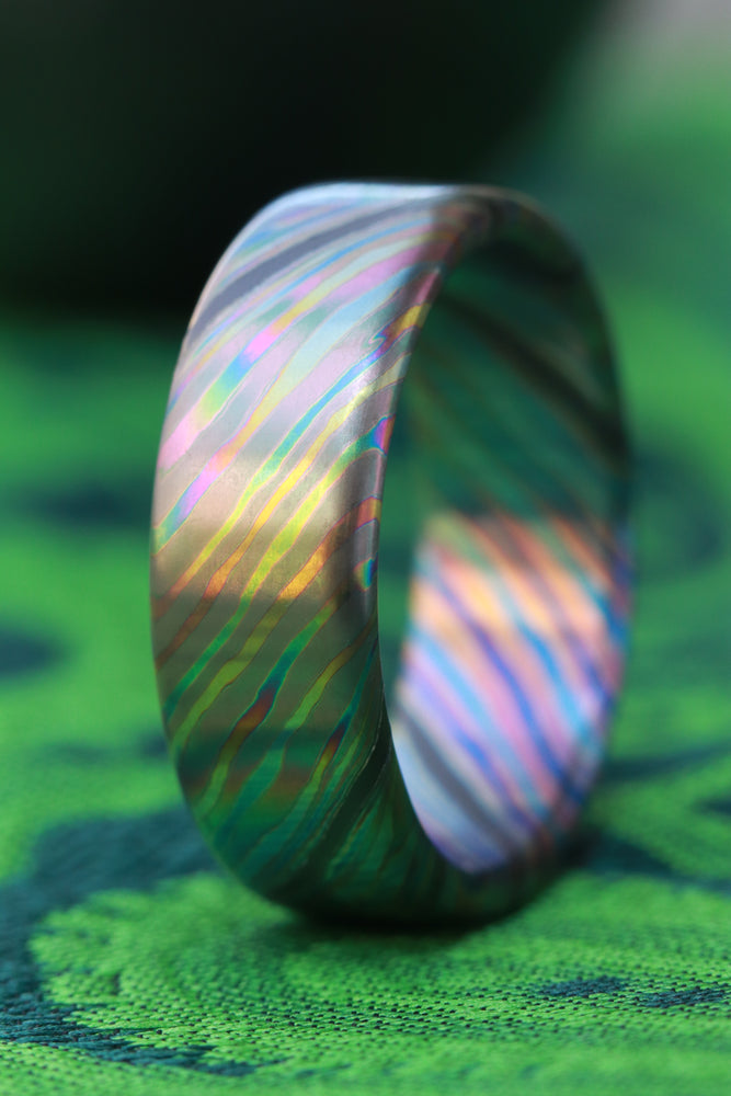 Black Timascus ring / ZrTi 8mm wide florescent timascus ring, mokuti ring (satin finish) black timascus ring zirconium ring mens rings edc