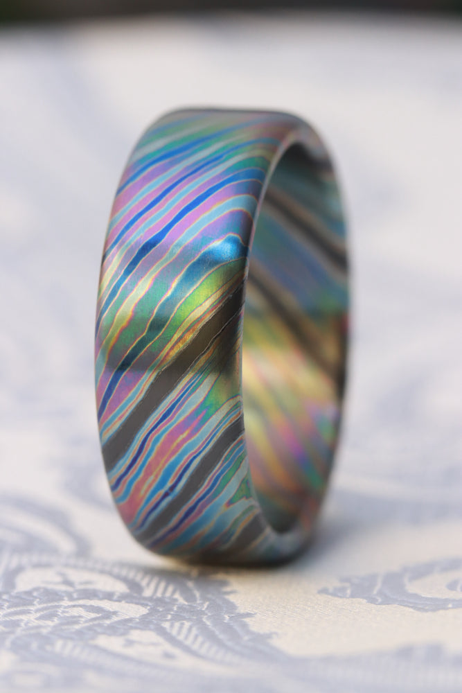 Black Timascus ring / ZrTi 8mm wide florescent timascus ring, mokuti ring (satin finish) black timascus ring zirconium ring mens rings edc