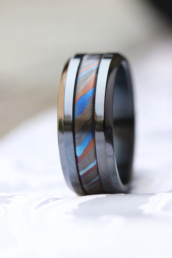 9mm Grayson BLK" Limited Edition Series titanium damascus Timascus / Mokuti timascus & black titanium ring, black timascus ring, mokuti ring