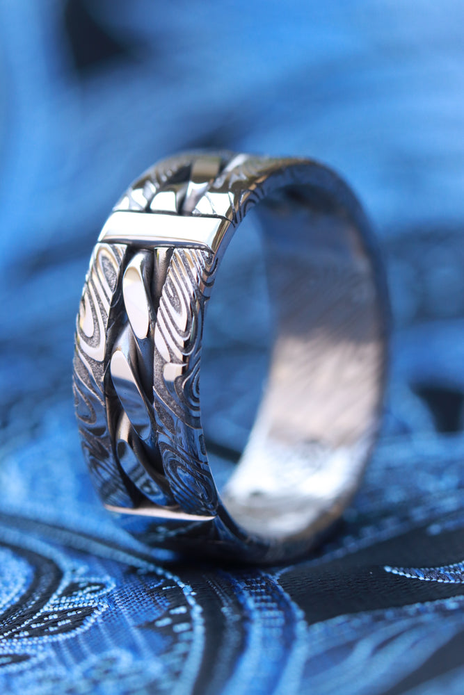 Hybrid "BREGDAN" handmade braided ring,  damasteel damascus curb chain ring celtic rings braided rings