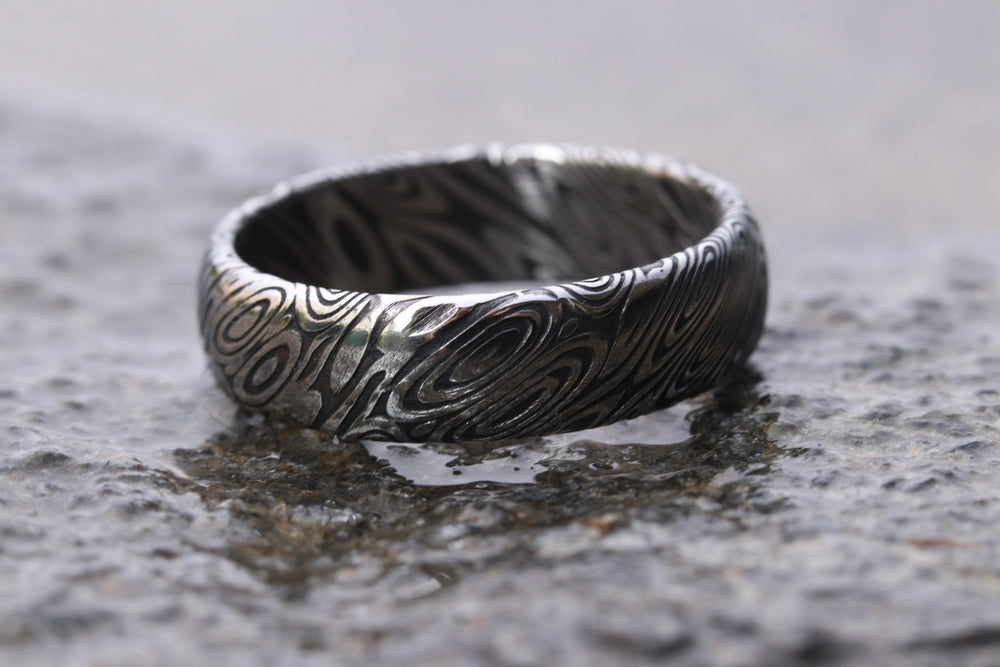 6mm domed black coral unique texture Customizable ring! Damascus steel ring, damascus ring, genuine damasteel damascus mens rings