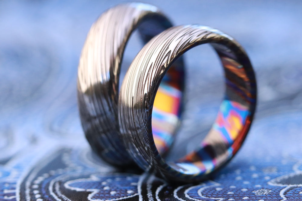Ring set 6mm customizable Timascus / Mokuti & Stainless Damascus (damasteel)  timascus ring,black timascus ring, mokuti ring, zirconium rings