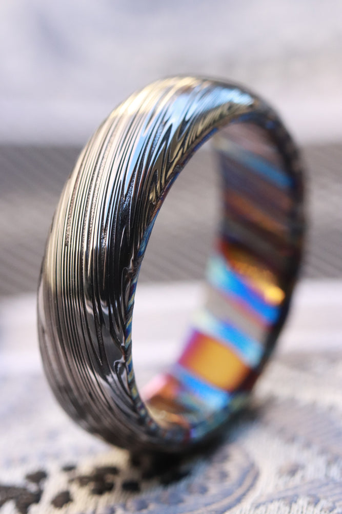 Ring set 6mm customizable Timascus / Mokuti & Stainless Damascus (damasteel)  timascus ring,black timascus ring, mokuti ring, zirconium rings