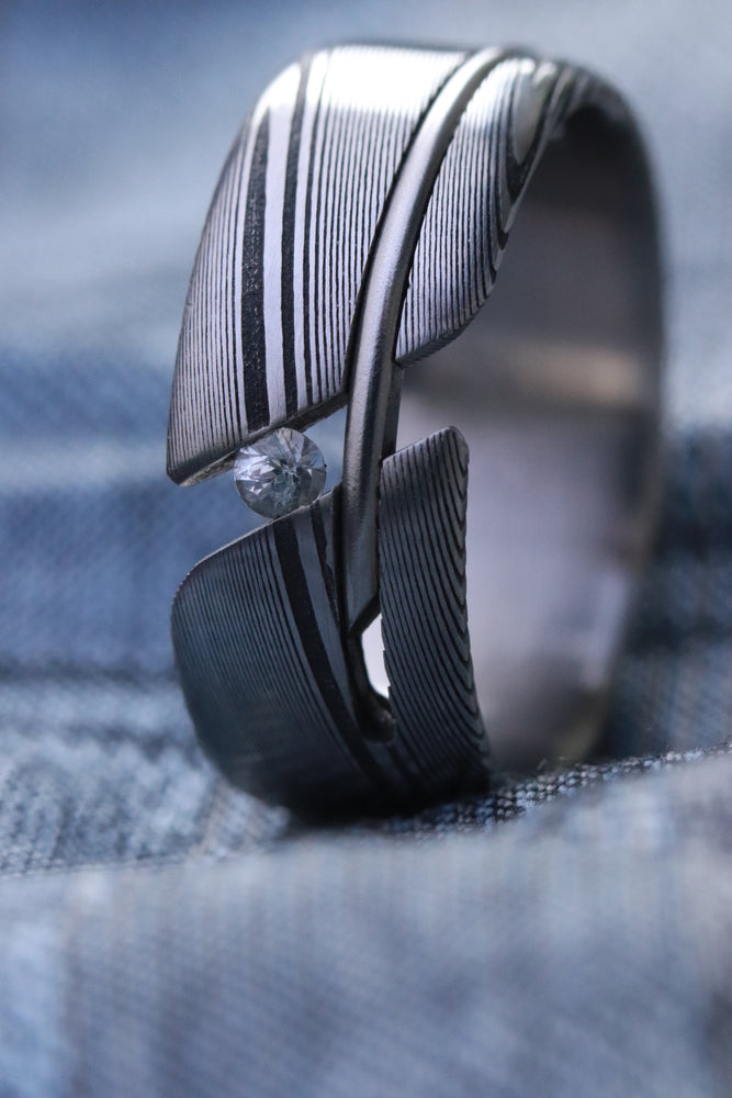 Diamond and damasteel stainless damascus ring hybrid collection