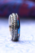 6mm" bamboo" pattern damasteel and timascus ring, black timascus ring, mokuti ring, damascus steel and zirconium titanium damascus