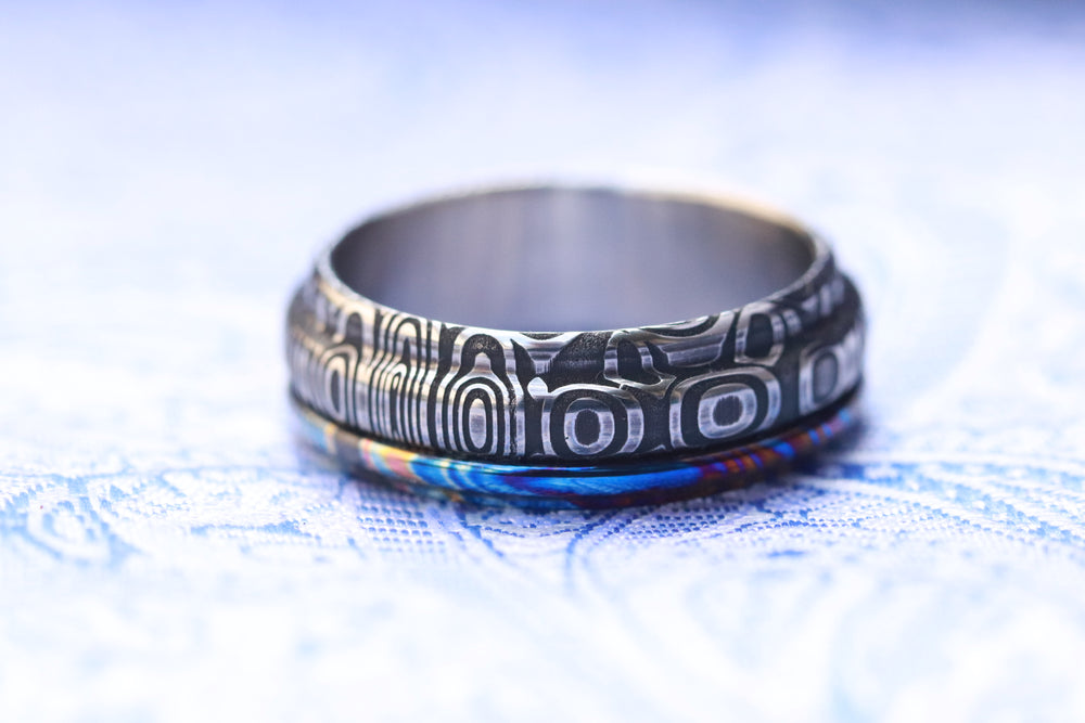 6mm" bamboo" pattern damasteel and timascus ring, black timascus ring, mokuti ring, damascus steel and zirconium titanium damascus