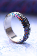 6mm" bamboo" pattern damasteel and timascus ring, black timascus ring, mokuti ring, damascus steel and zirconium titanium damascus