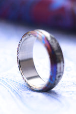 6mm" bamboo" pattern damasteel and timascus ring, black timascus ring, mokuti ring, damascus steel and zirconium titanium damascus