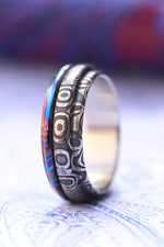 6mm" bamboo" pattern damasteel and timascus ring, black timascus ring, mokuti ring, damascus steel and zirconium titanium damascus