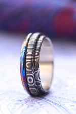 6mm" bamboo" pattern damasteel and timascus ring, black timascus ring, mokuti ring, damascus steel and zirconium titanium damascus