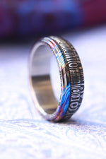 6mm" bamboo" pattern damasteel and timascus ring, black timascus ring, mokuti ring, damascus steel and zirconium titanium damascus