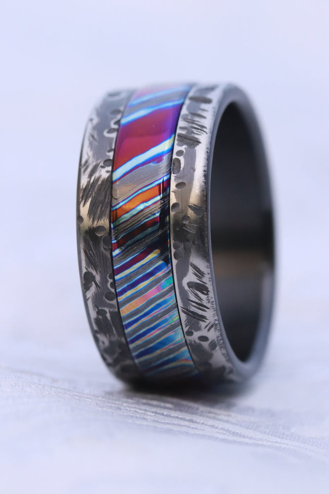 Weathered Black Zirconium,  zrti ring 10mm mens timascus ring, mokuti ring titanium damascus ring, mens rings weathered ring black ring