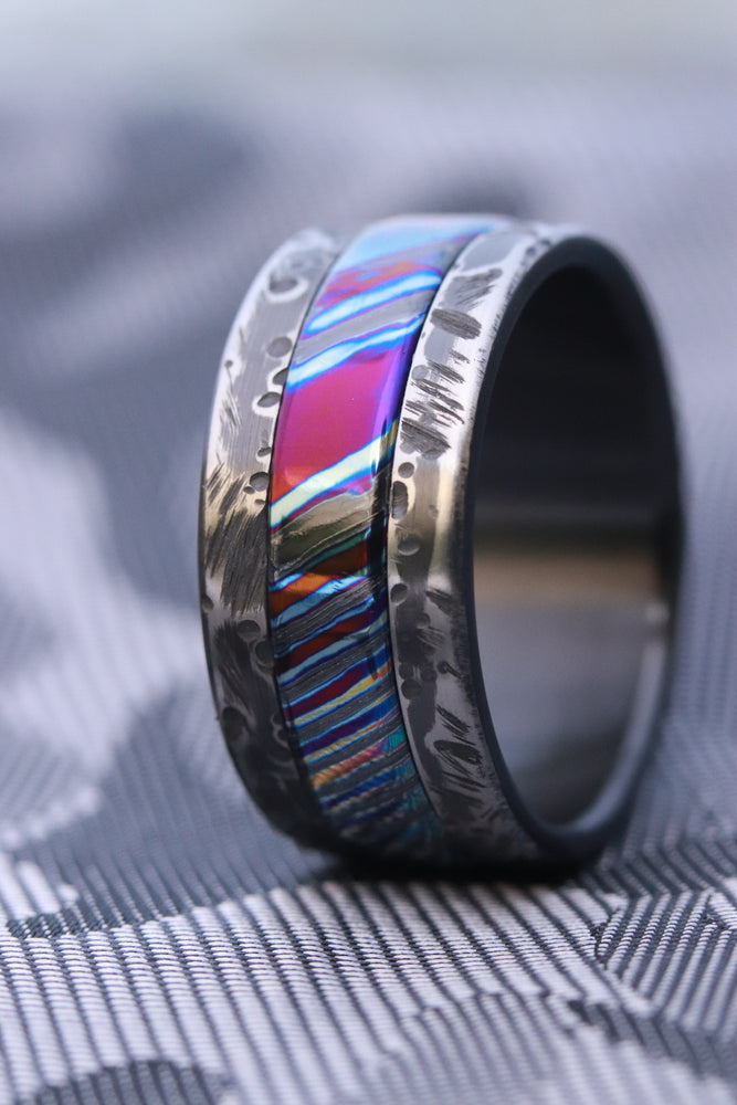 Weathered Black Zirconium,  zrti ring 10mm mens timascus ring, mokuti ring titanium damascus ring, mens rings weathered ring black ring