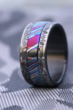 Weathered Black Zirconium,  zrti ring 10mm mens timascus ring, mokuti ring titanium damascus ring, mens rings weathered ring black ring