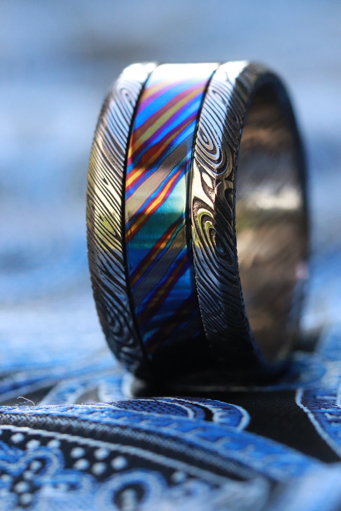 Grayson GRY115 BLK CRL " Limited Edition Series-11.5mm titanium damascus Timascus ring, damascus ring