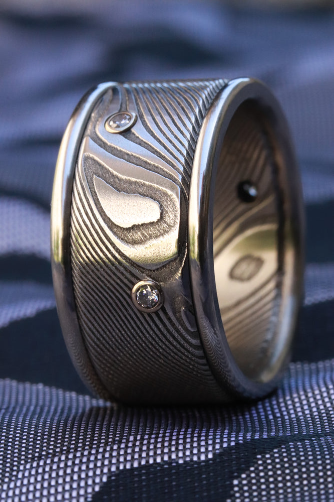 Diamonds and damasteel 12mm customizable ring damascus wave