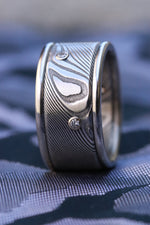 Diamonds and damasteel 12mm customizable ring damascus wave