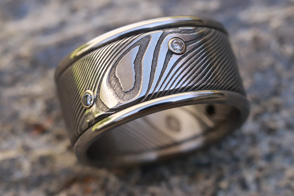 Diamonds and damasteel 12mm customizable ring damascus wave