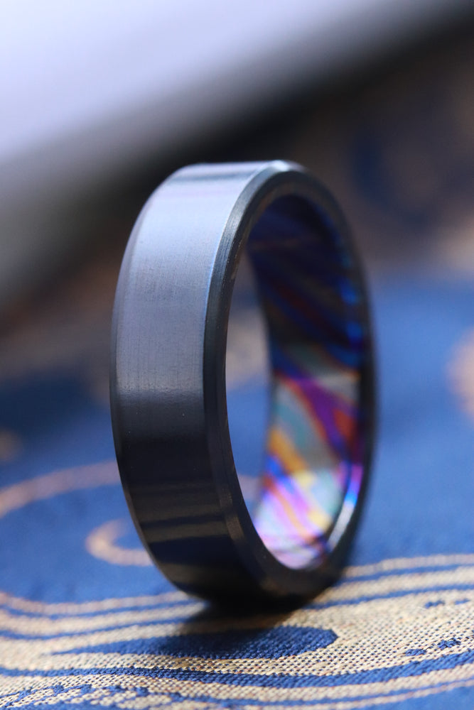 6mm Black titanium chamfered / ZrTi black timascus ring, mens rings weddingrings, zirconium titanium