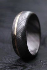 18k gold 8mm niobium / zirconium damascus wedding band, mens rings domed wedding band