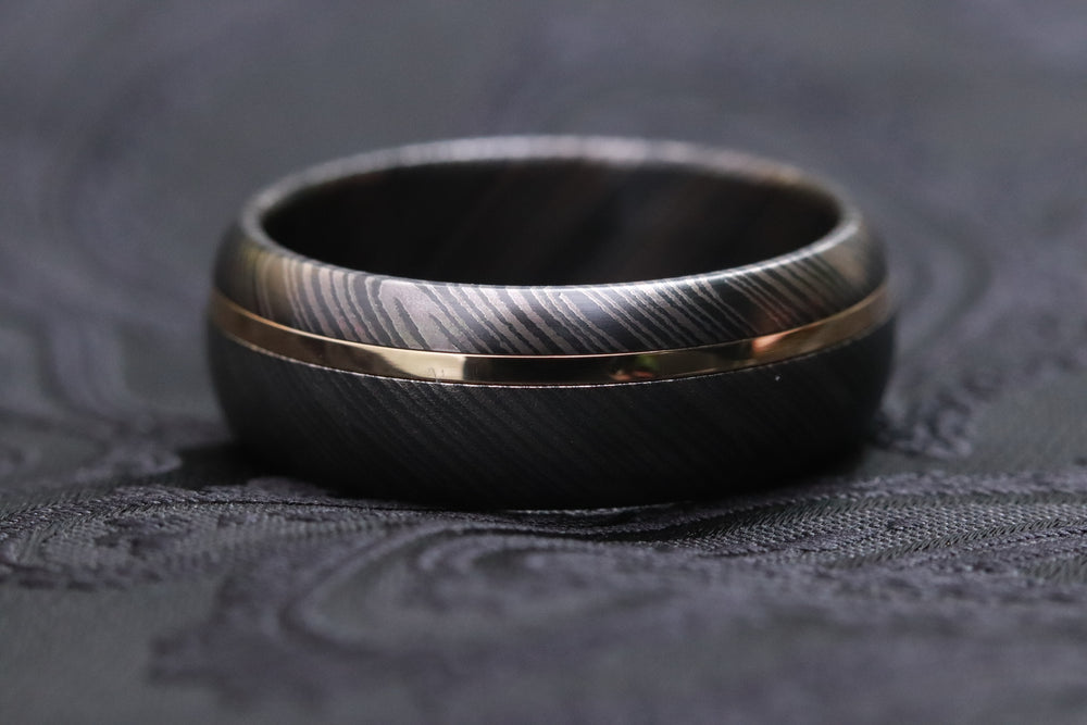 14k gold & black ZrTi, domed shape! 8mm , niobium / zirconium damascus wedding band, mens rings